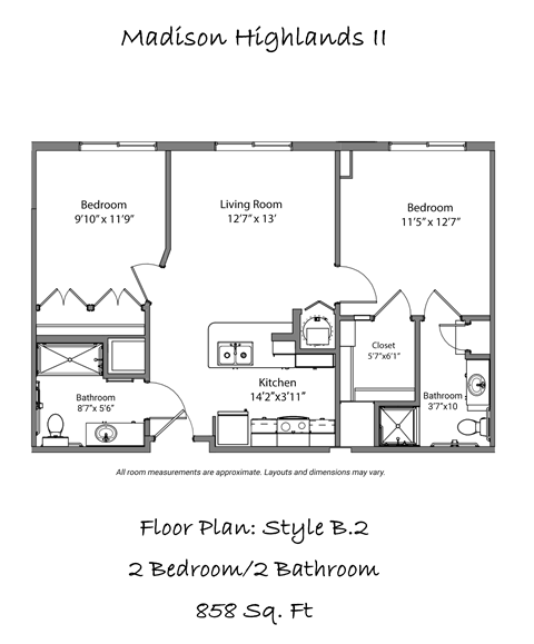 Floor plan for 2 beds, 2 baths, 858 sqft